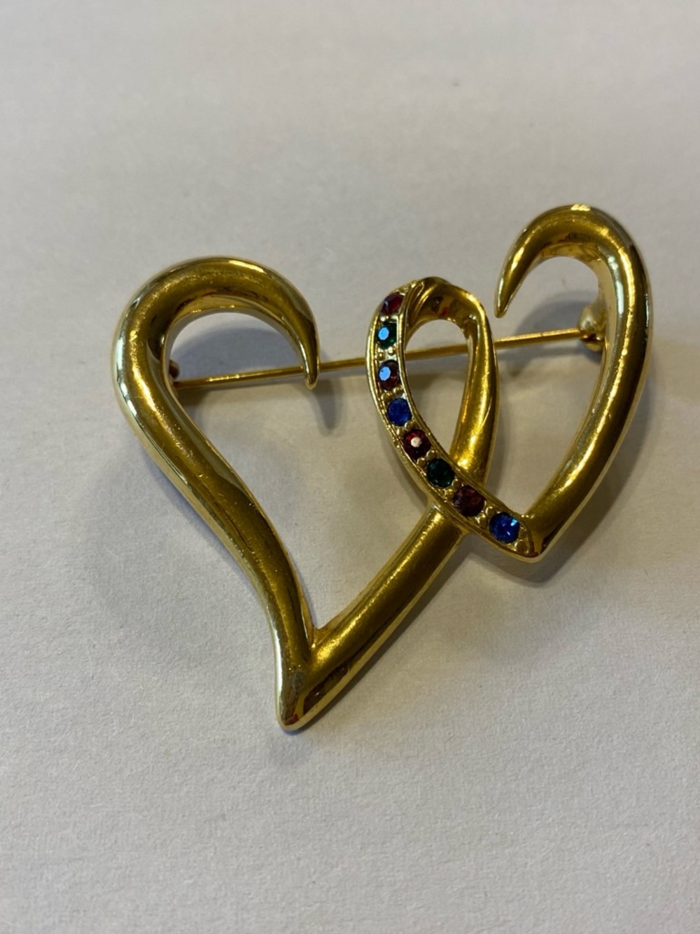 Gold Heart Brooch with Multicolor Crystal Accents